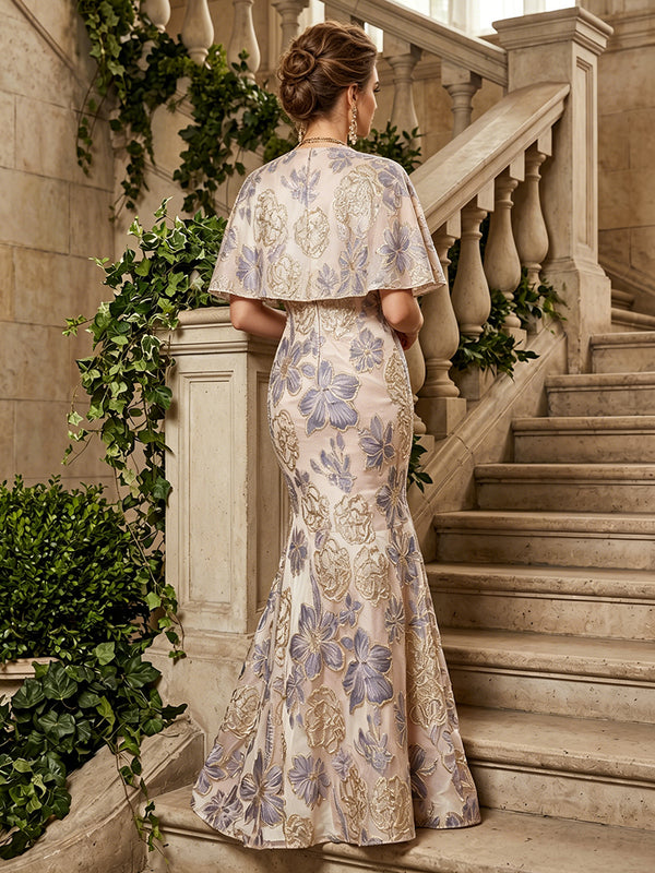 Jacquard Mermaid/Trumpet Scoop Neck Floor-Length Formal Dresses with Cape
