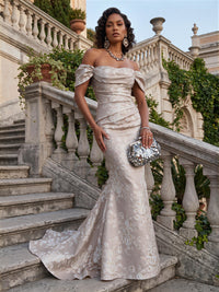 Jacquard Mermaid/Trumpet Off Shoulder Floor-Length Formal Dresses with Ruched Waist & Sweep Train