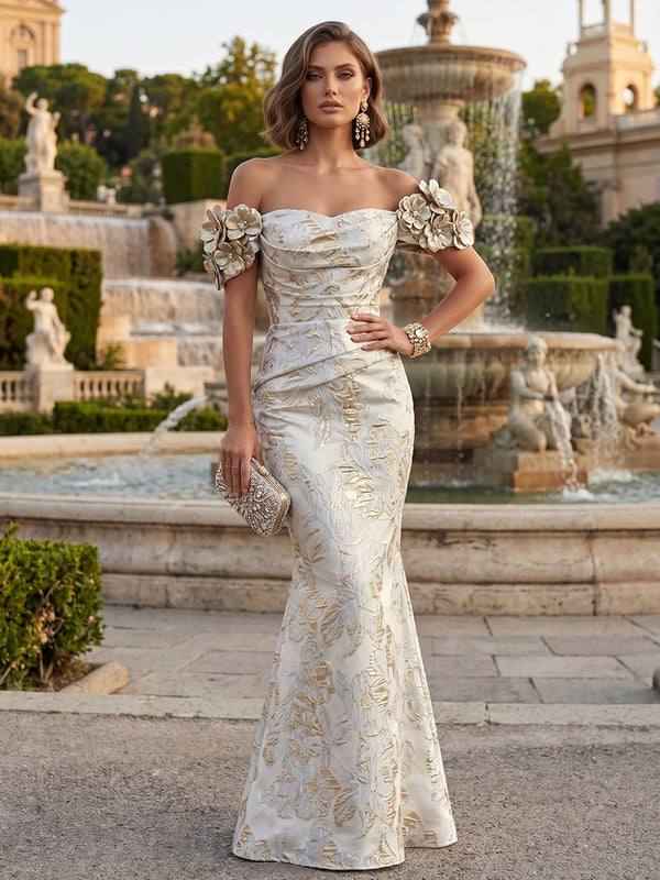 Jacquard Mermaid/Trumpet Off Shoulder Floor-Length Formal Dresses with 3D Flowers & Ruched Waist