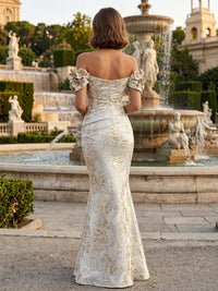 Jacquard Mermaid/Trumpet Off Shoulder Floor-Length Formal Dresses with 3D Flowers & Ruched Waist