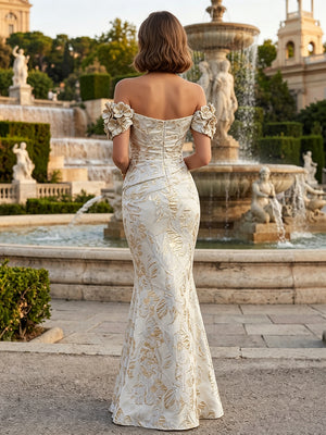 Jacquard Mermaid/Trumpet Off Shoulder Floor-Length Formal Dresses with 3D Flowers & Ruched Waist