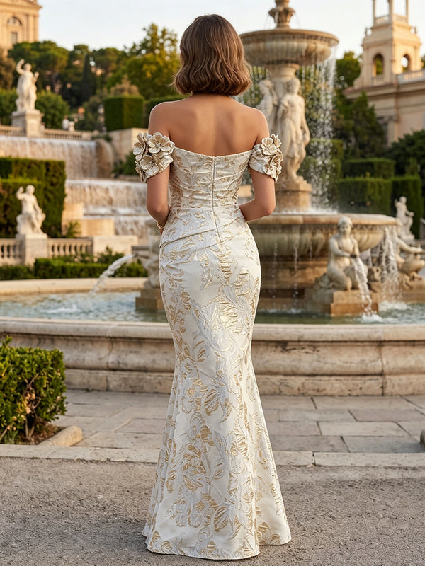 Jacquard Mermaid/Trumpet Off Shoulder Floor-Length Formal Dresses with 3D Flowers & Ruched Waist