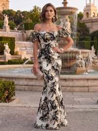 Jacquard Mermaid/Trumpet Off Shoulder Floor-Length Formal Dresses with 3D Flowers & Ruched Waist