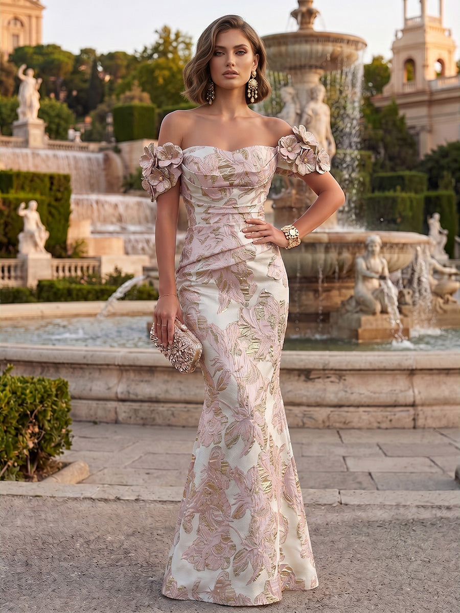 Jacquard Mermaid/Trumpet Off Shoulder Floor-Length Formal Dresses with 3D Flowers & Ruched Waist