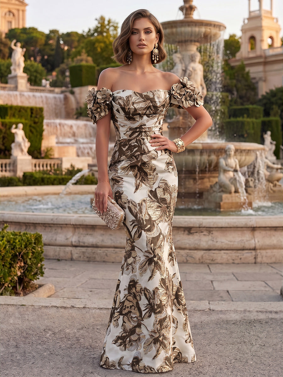 Jacquard Mermaid/Trumpet Off Shoulder Floor-Length Formal Dresses with 3D Flowers & Ruched Waist