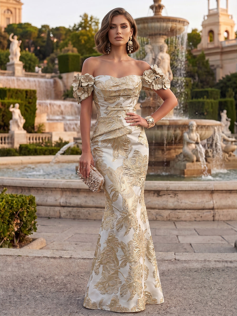Jacquard Mermaid/Trumpet Off Shoulder Floor-Length Formal Dresses with 3D Flowers & Ruched Waist