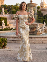 Jacquard Mermaid/Trumpet Off Shoulder Floor-Length Formal Dresses with 3D Flowers & Ruched Waist