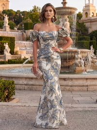 Jacquard Mermaid/Trumpet Off Shoulder Floor-Length Formal Dresses with 3D Flowers & Ruched Waist
