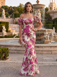 Jacquard Mermaid/Trumpet Off Shoulder Floor-Length Formal Dresses with 3D Flowers & Ruched Waist