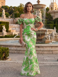 Jacquard Mermaid/Trumpet Off Shoulder Floor-Length Formal Dresses with 3D Flowers & Ruched Waist