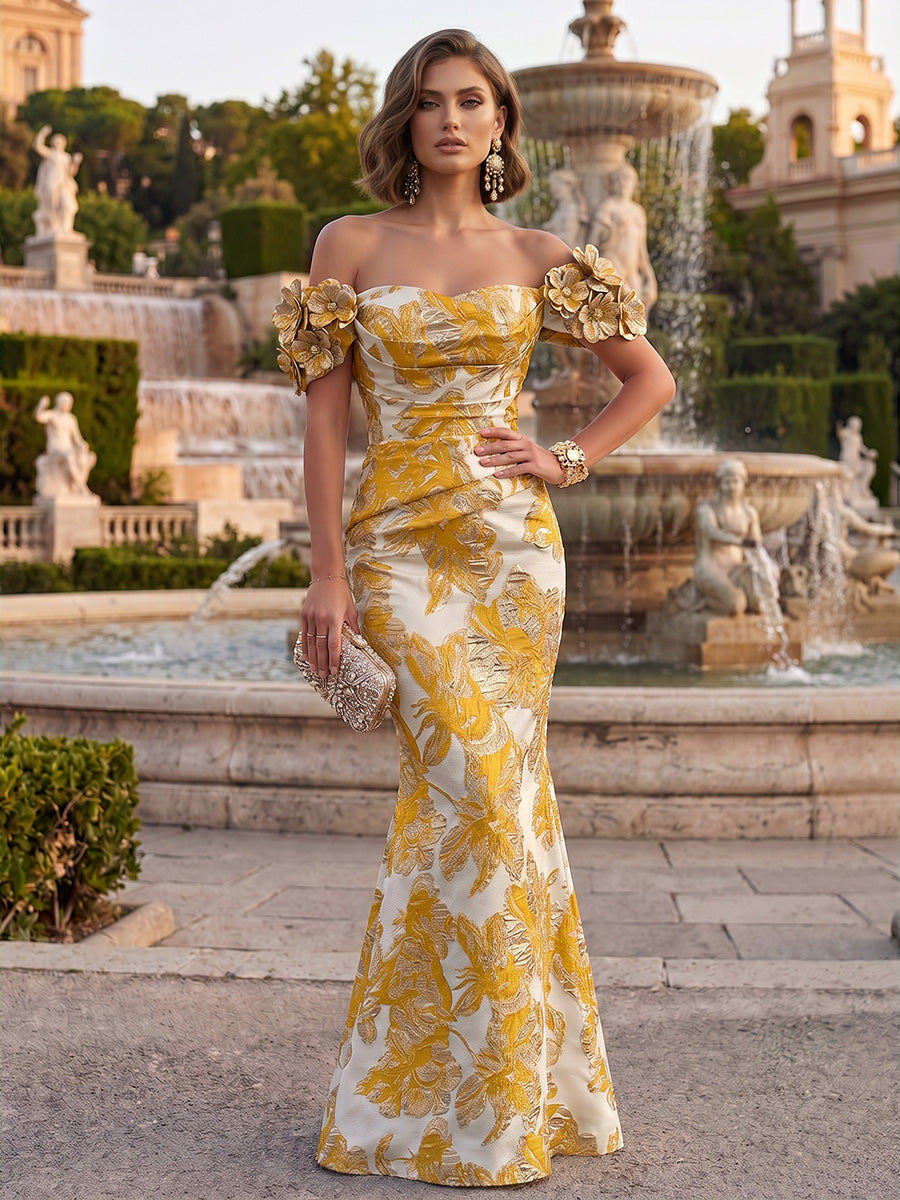 Jacquard Mermaid/Trumpet Off Shoulder Floor-Length Formal Dresses with 3D Flowers & Ruched Waist