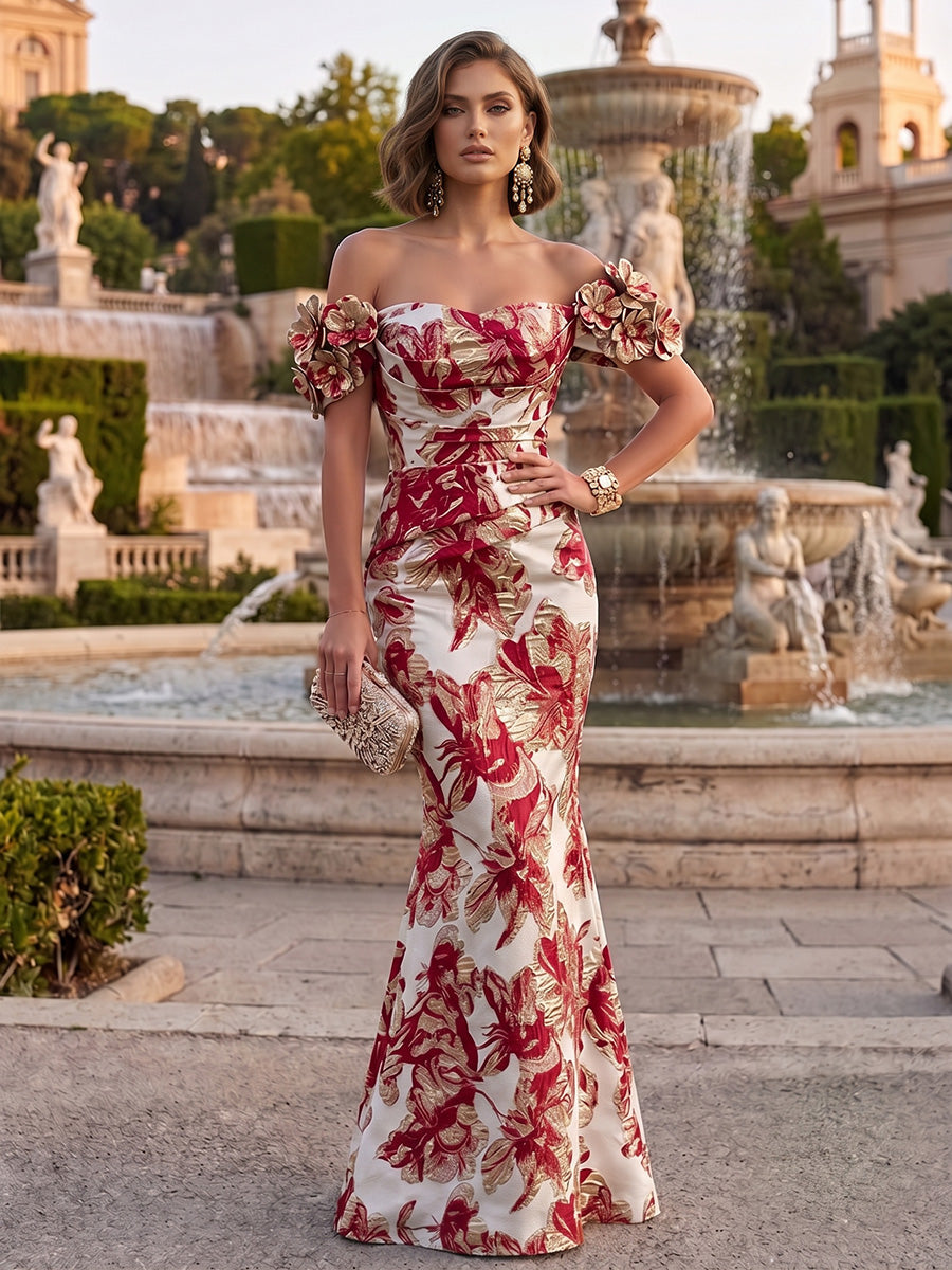 Jacquard Mermaid/Trumpet Off Shoulder Floor-Length Formal Dresses with 3D Flowers & Ruched Waist