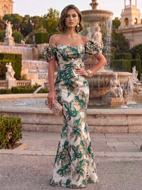 Jacquard Mermaid/Trumpet Off Shoulder Floor-Length Formal Dresses with 3D Flowers & Ruched Waist