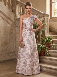 Jacquard A-Line/Princess One Shoulder Floor-Length Formal Dresses with 3D Flowers
