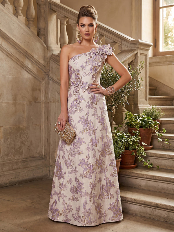 Jacquard A-Line/Princess One Shoulder Floor-Length Formal Dresses with 3D Flowers