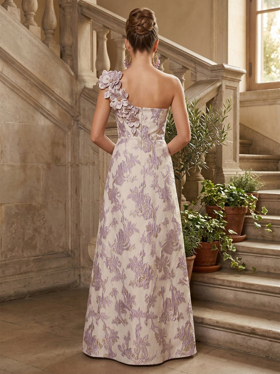 Jacquard A-Line/Princess One Shoulder Floor-Length Formal Dresses with 3D Flowers