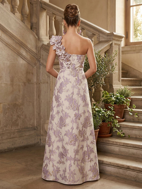 Jacquard A-Line/Princess One Shoulder Floor-Length Formal Dresses with 3D Flowers
