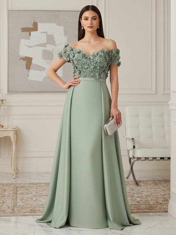 Satin Sheath/Column Off Shoulder Floor-Length Formal Dresses with 3D Flowers