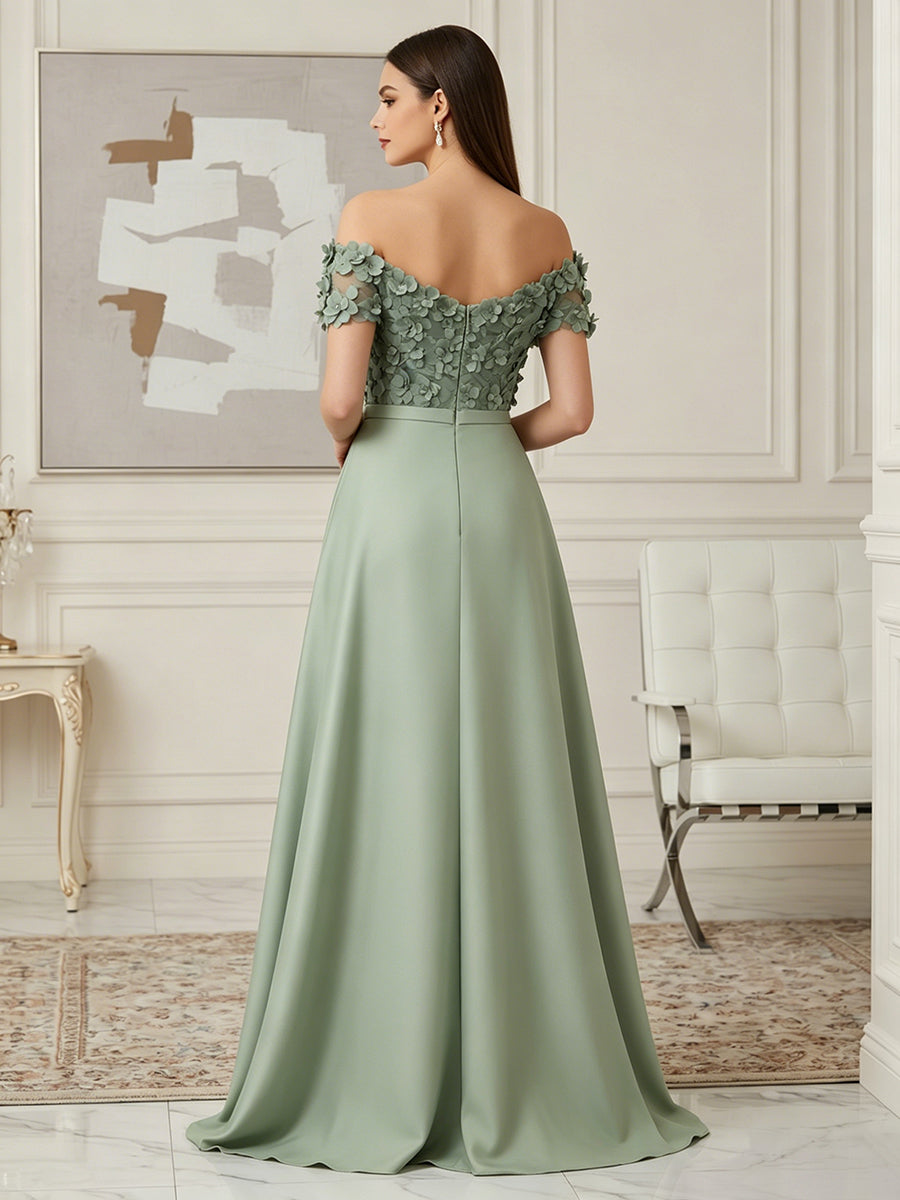 Satin Sheath/Column Off Shoulder Floor-Length Formal Dresses with 3D Flowers