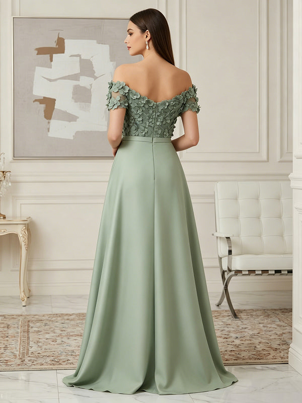 Satin Sheath/Column Off Shoulder Floor-Length Formal Dresses with 3D Flowers