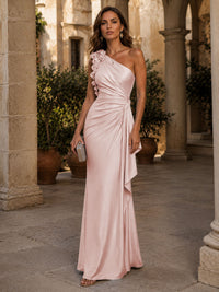 Satin Sheath/Column One Shoulder Floor-Length Formal Dresses with 3D Flowers, Ruched Waist & Ruffles