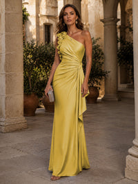 Satin Sheath/Column One Shoulder Floor-Length Formal Dresses with 3D Flowers, Ruched Waist & Ruffles