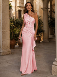Satin Sheath/Column One Shoulder Floor-Length Formal Dresses with 3D Flowers, Ruched Waist & Ruffles