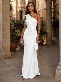 Satin Sheath/Column One Shoulder Floor-Length Formal Dresses with 3D Flowers, Ruched Waist & Ruffles