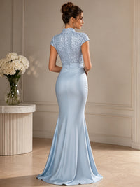 Satin Sheath/Column V-Neck Floor-Length Formal Dresses with Sequin Bodice