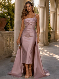 Satin Sheath/Column One Shoulder Floor-Length Formal Dresses with Sweep Train