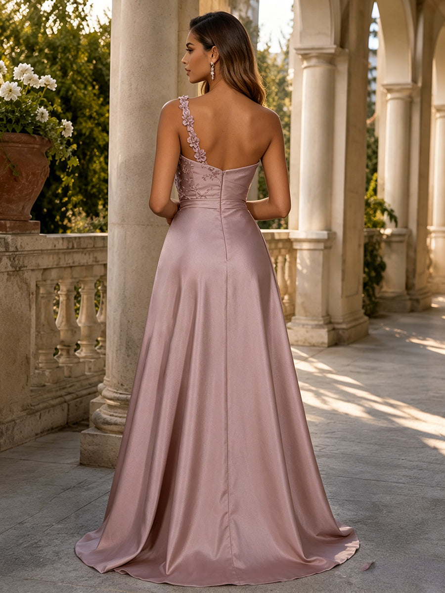 Satin Sheath/Column One Shoulder Floor-Length Formal Dresses with Sweep Train