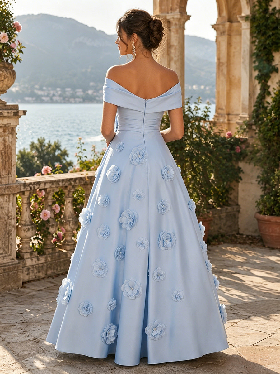 Satin A-Line/Princess Off Shoulder Floor-Length Formal Dresses with 3D Flowers & Ruched Waist