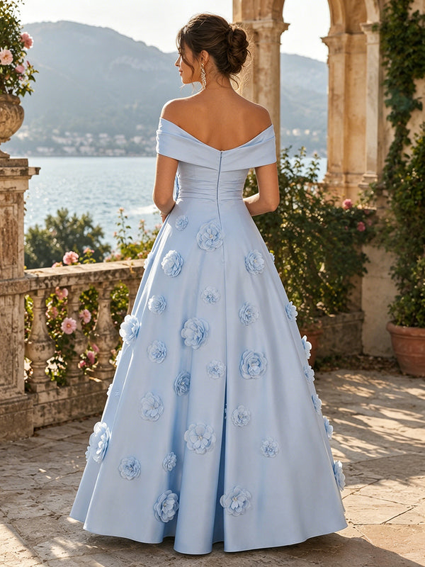 Satin A-Line/Princess Off Shoulder Floor-Length Formal Dresses with 3D Flowers & Ruched Waist