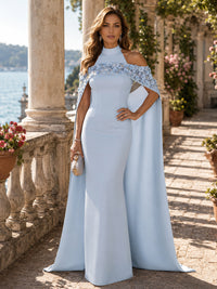 Satin Sheath/Column High Neck Floor-Length Formal Dresses with 3D Flowers & Sweep Train