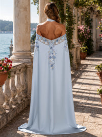 Satin Sheath/Column High Neck Floor-Length Formal Dresses with 3D Flowers & Sweep Train