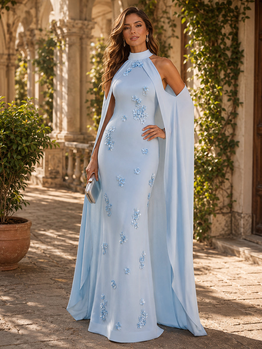 Satin Sheath/Column High Neck Floor-Length Formal Dresses with 3D Flowers