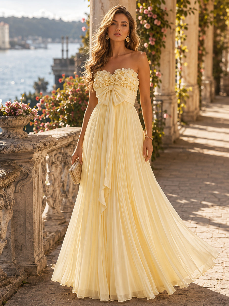 Chiffon A-Line/Princess Strapless Floor-Length Formal Dresses with 3D Flowers & Pleats