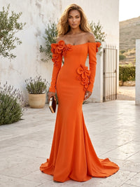 Stretch Mesh Mermaid/Trumpet Off Shoulder Floor-Length Formal Dresses with 3D Flowers & Sweep Train