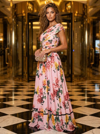 Floral Print A-Line/Princess One Shoulder Floor-Length Formal Dresses with Pleats