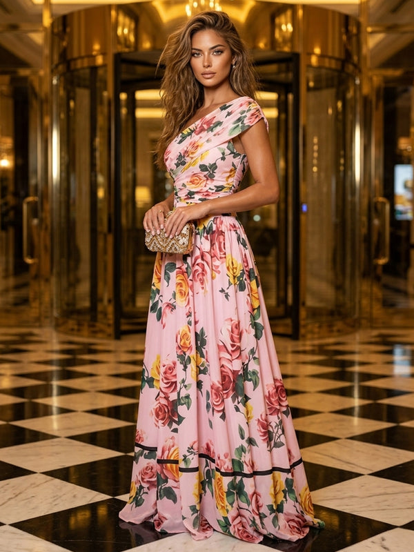 Floral Print A-Line/Princess One Shoulder Floor-Length Formal Dresses with Pleats