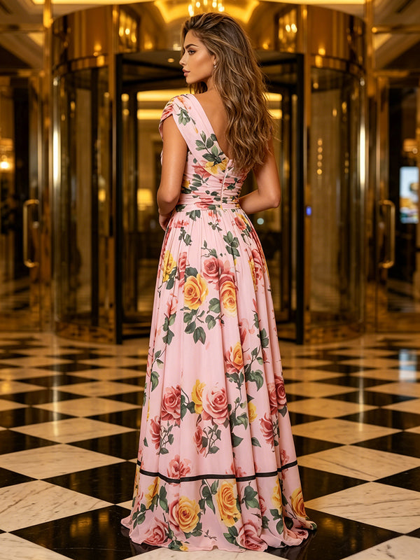 Floral Print A-Line/Princess One Shoulder Floor-Length Formal Dresses with Pleats