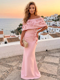 Stretch Mesh Mermaid/Trumpet Off Shoulder Floor-Length Formal Dresses with 3D Flowers