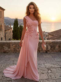 Chiffon Sheath/Column One Shoulder Floor-Length Formal Dresses with 3D Flowers & Sweep Train