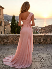 Chiffon Sheath/Column One Shoulder Floor-Length Formal Dresses with 3D Flowers & Sweep Train