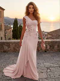 Chiffon Sheath/Column One Shoulder Floor-Length Formal Dresses with 3D Flowers & Sweep Train