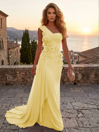Chiffon Sheath/Column One Shoulder Floor-Length Formal Dresses with 3D Flowers & Sweep Train