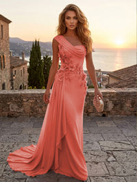 Chiffon Sheath/Column One Shoulder Floor-Length Formal Dresses with 3D Flowers & Sweep Train