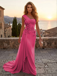 Chiffon Sheath/Column One Shoulder Floor-Length Formal Dresses with 3D Flowers & Sweep Train