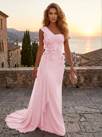 Chiffon Sheath/Column One Shoulder Floor-Length Formal Dresses with 3D Flowers & Sweep Train
