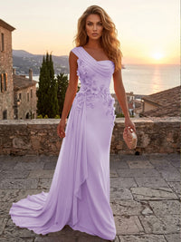 Chiffon Sheath/Column One Shoulder Floor-Length Formal Dresses with 3D Flowers & Sweep Train